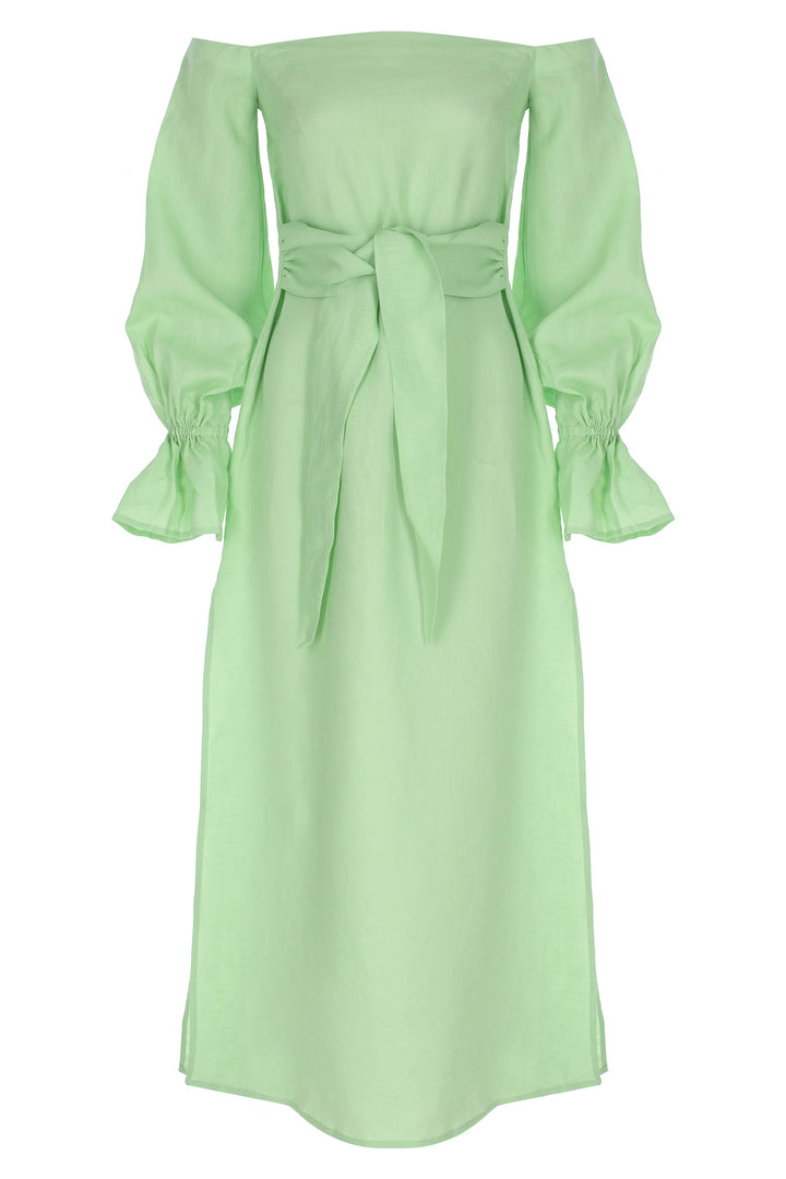 Mint Yeşili Straplez, Uzun-Kol, Keten Bağlamalı Kaftan Elbise