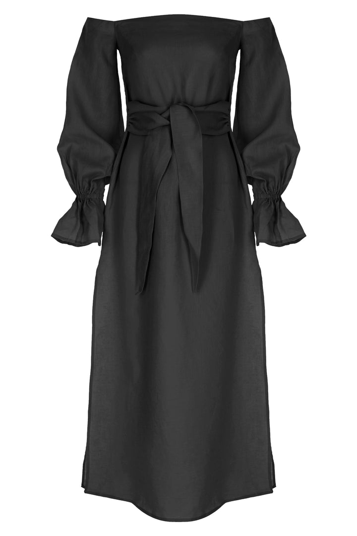Siyah Straplez Uzun Kol Keten Bağlamalı Kaftan Elbise