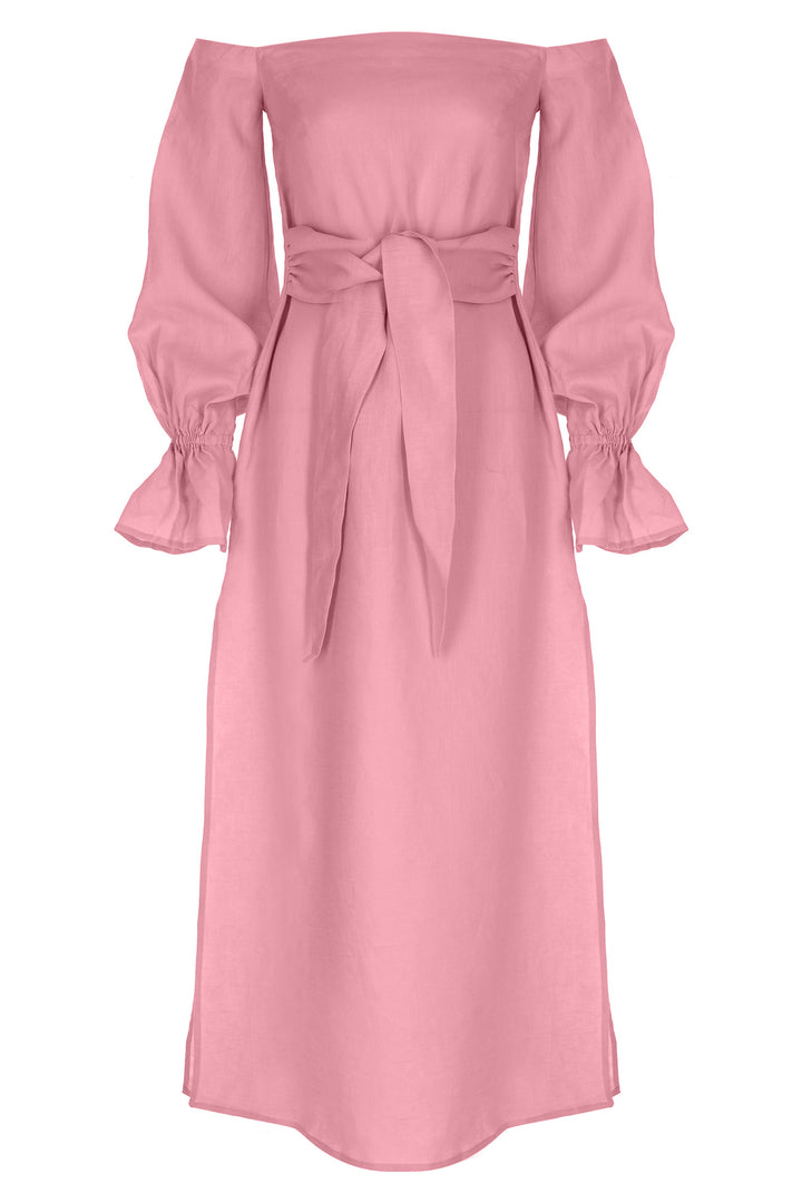 Pembe Straplez Uzun Kol Keten Bağlamalı Kaftan Elbise