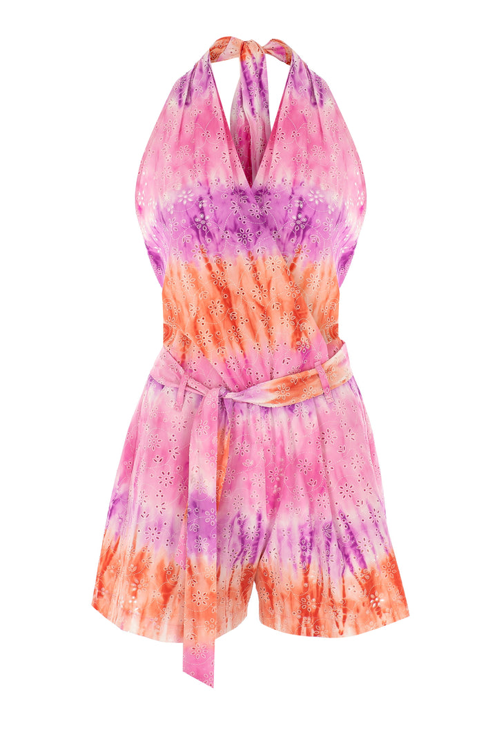 Pembe Batik Desenli Sırt Dekolteli Kısa Tulum