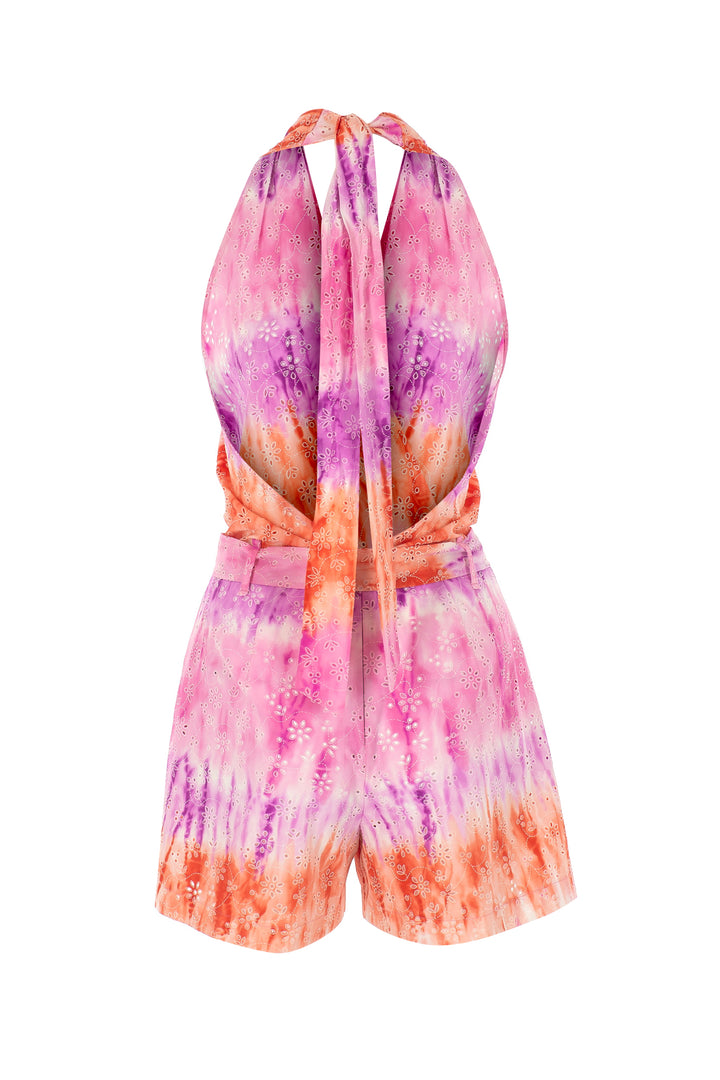Pembe Batik Desenli Sırt Dekolteli Kısa Tulum