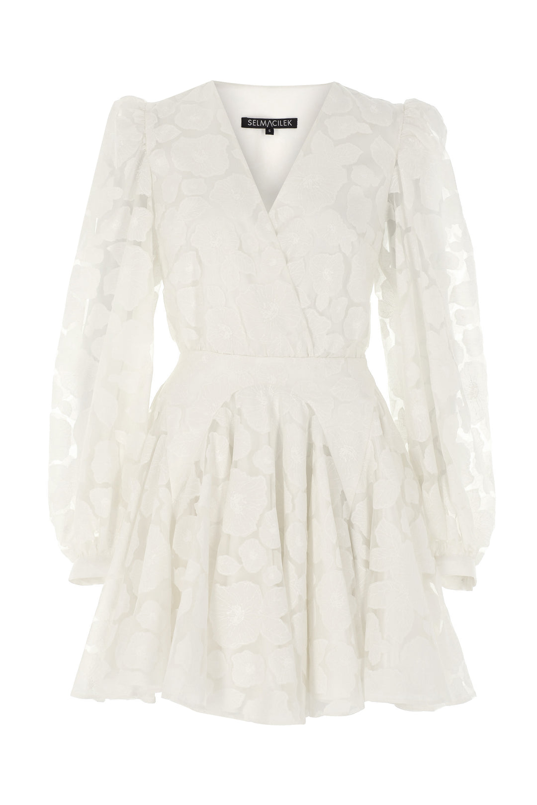 Beyaz Transparan Çiçek Desenli V Yaka Volanlı Mini Elbise