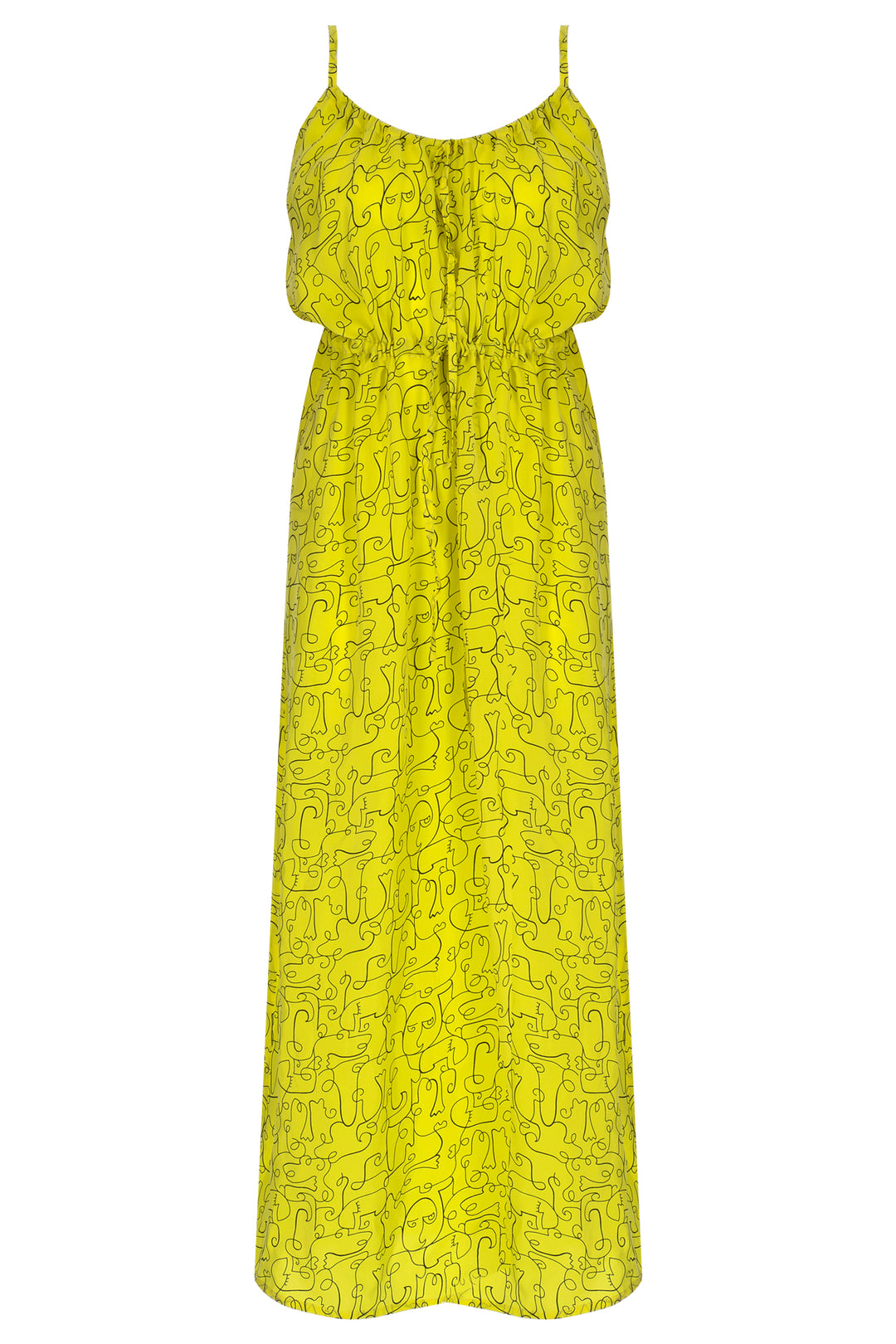 Sarı Desenli Bağlama Detaylı Yırtmaçlı Midi Elbise