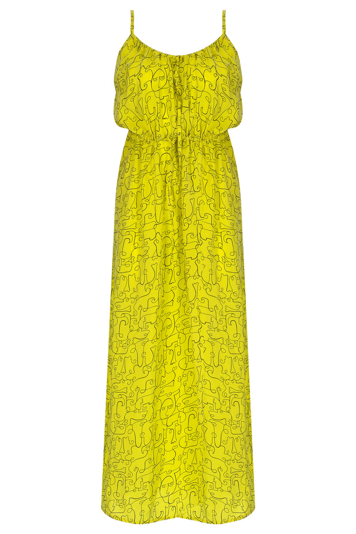 Sarı Desenli Bağlama Detaylı Yırtmaçlı Midi Elbise