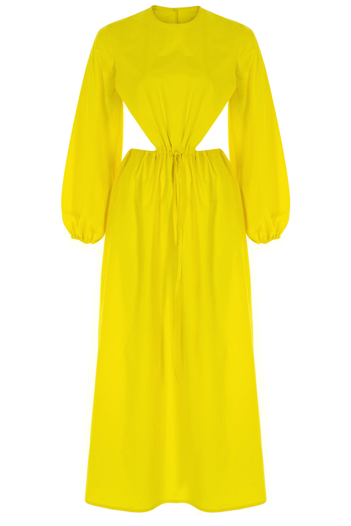 Sarı Poplin Bağlama Detaylı Dekolteli Midi Elbise