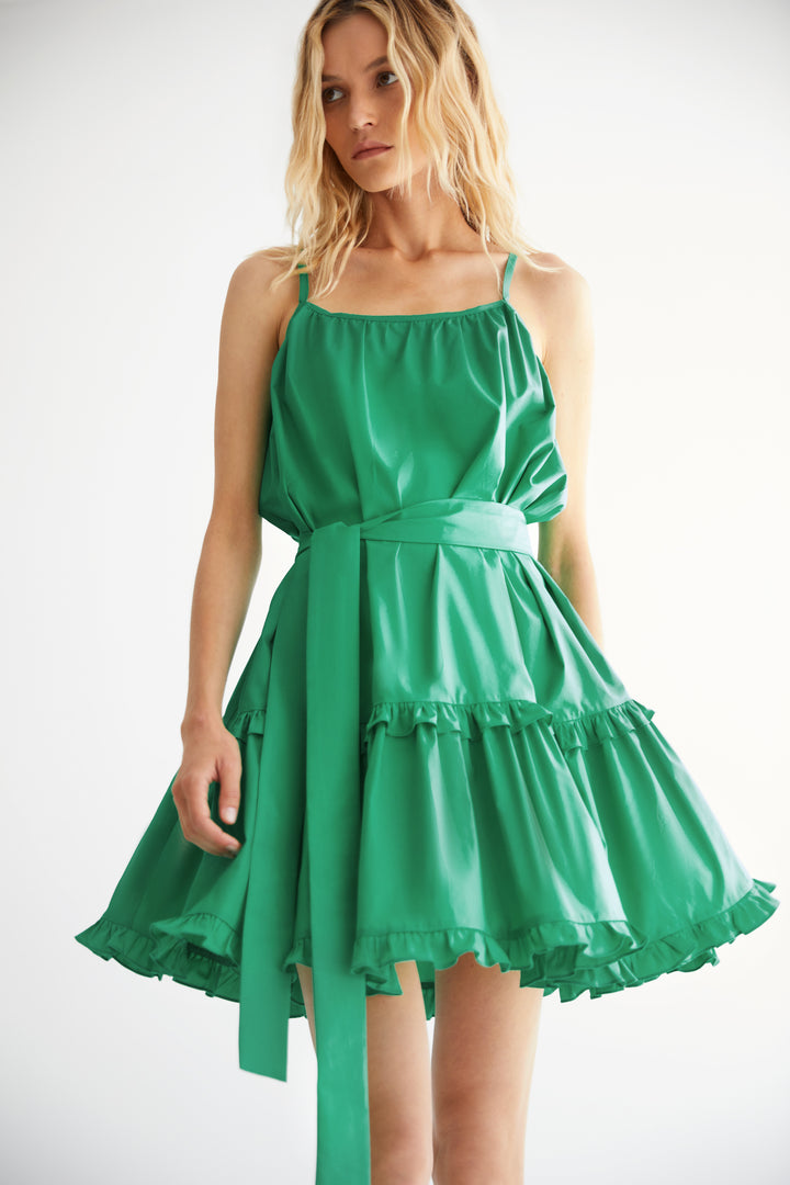 Yeşil Poplin Kuşaklı Mini Elbise