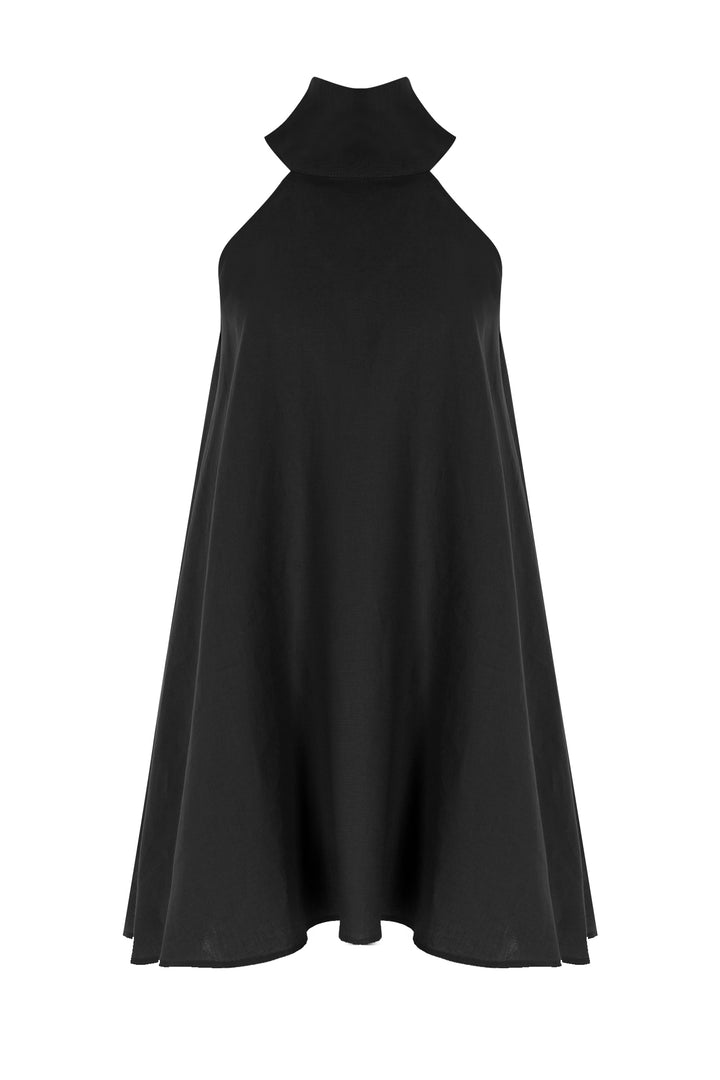 Siyah Keten Boyundan Bağlamalı Mini Elbise