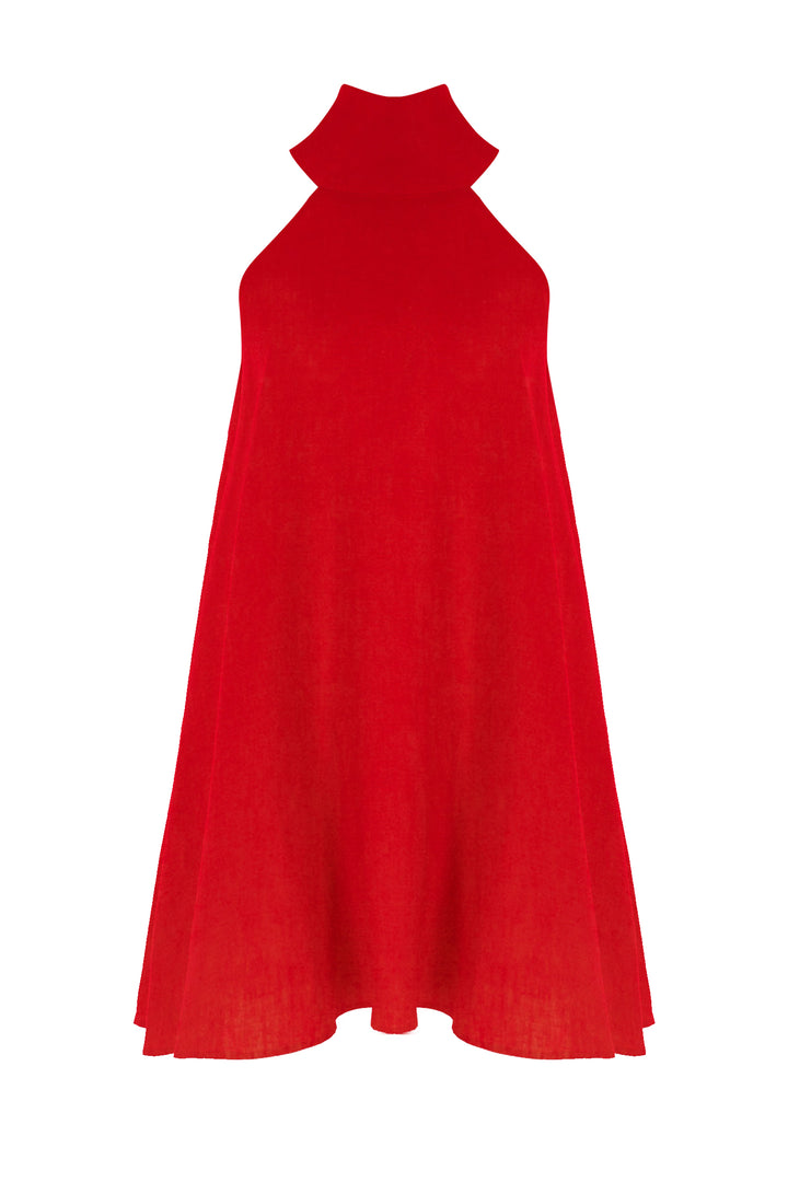 Kırmızı Keten Boyundan Bağlamalı Mini Elbise