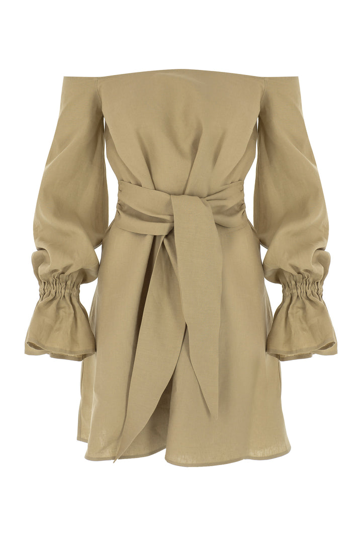 Bej Keten Mini Kaftan Elbise