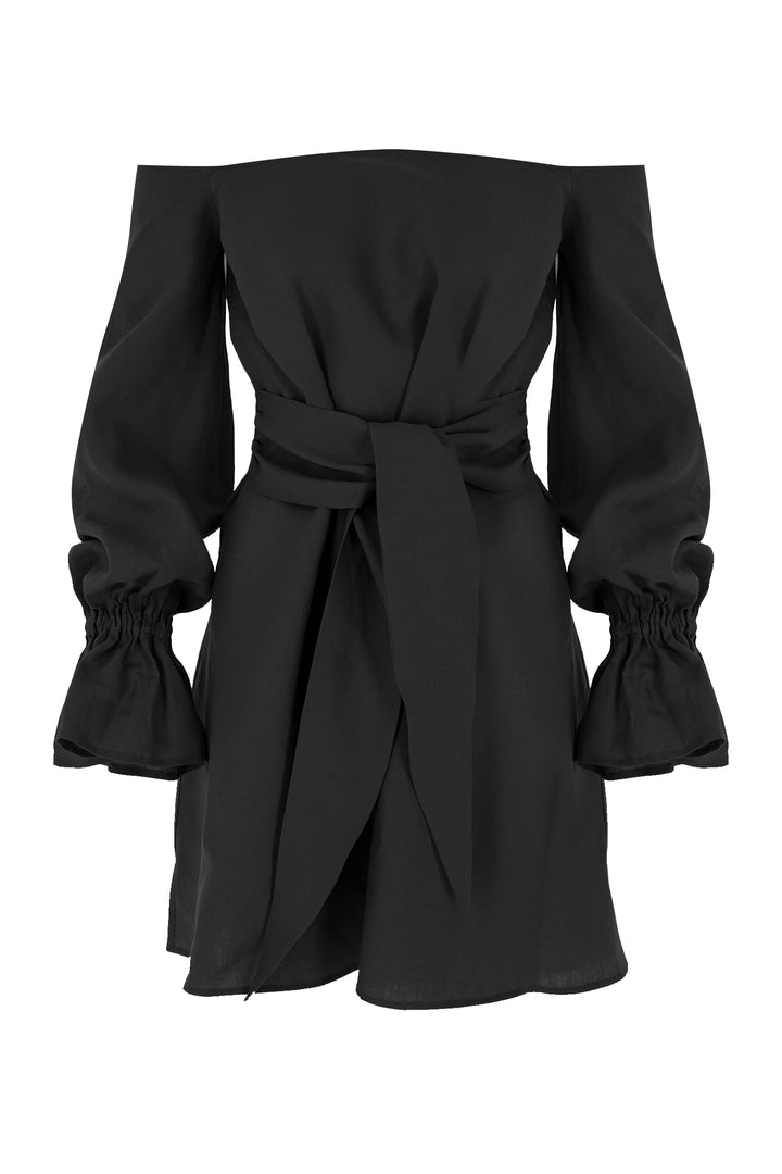 Siyah Keten Mini Kaftan Elbise