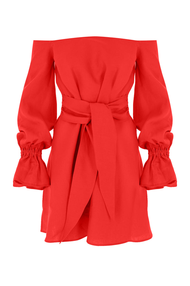 Kırmızı Keten Mini Kaftan Elbise