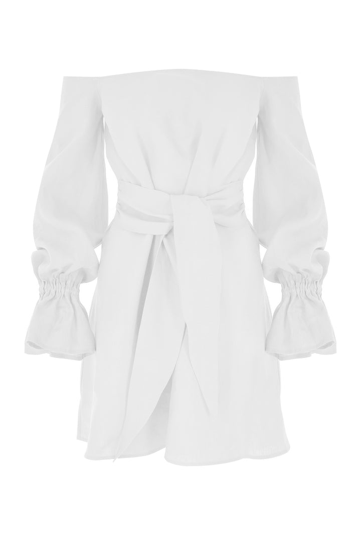 Beyaz Keten Mini Kaftan Elbise