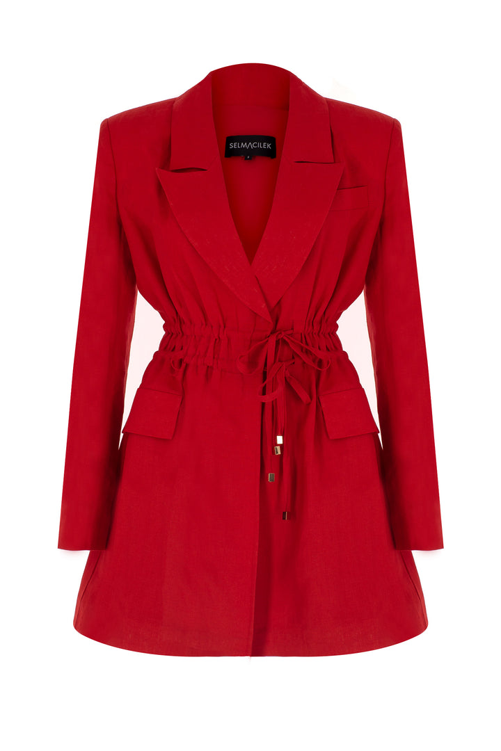 Kırmızı Keten Bağlama Detaylı Ceket Elbise